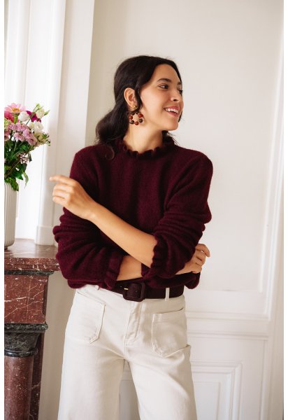 Pull Basile - Pull bordeaux manches longues col rond volant bords-côtes - Douze Juin