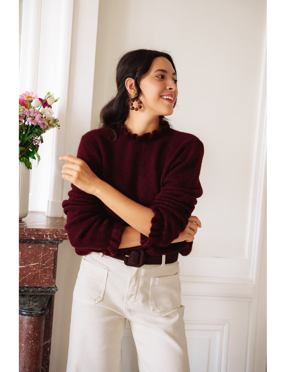Pull Basile - Pull bordeaux manches longues col rond volant bords-côtes - Douze Juin