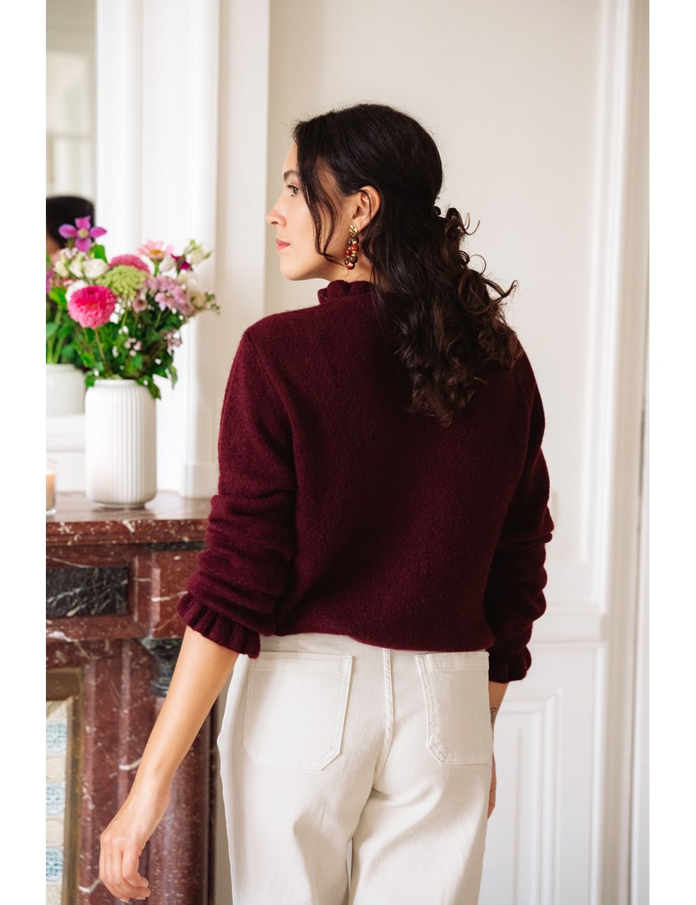 Pull Basile - Pull bordeaux manches longues col rond volant bords-côtes - Douze Juin