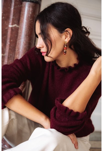 Pull Basile - Pull bordeaux manches longues col rond volant bords-côtes - Douze Juin