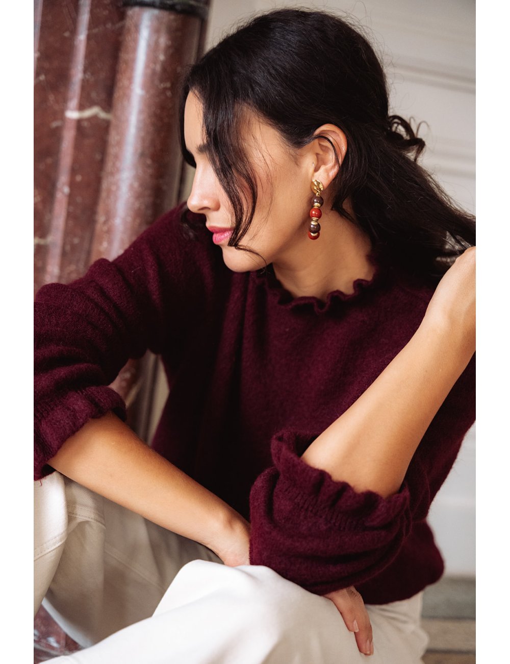 Pull Basile - Pull bordeaux manches longues col rond volant bords-côtes - Douze Juin