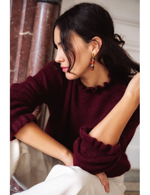 Pull Basile - Pull bordeaux manches longues col rond volant bords-côtes - Douze Juin