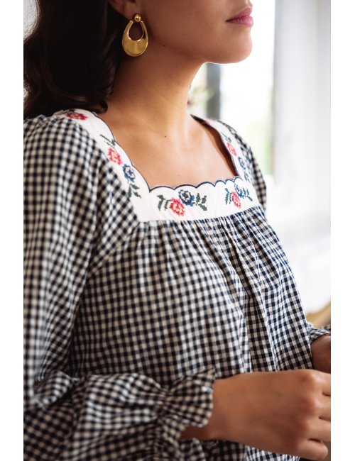 Blouse Orphée - Blouse carreaux marine manches longues encolure carrée festonnée - Douze Juin