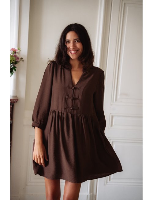 Robe Alba choco - Robe courte marron manches trois-quarts col V brandebourg doublée - Douze Juin