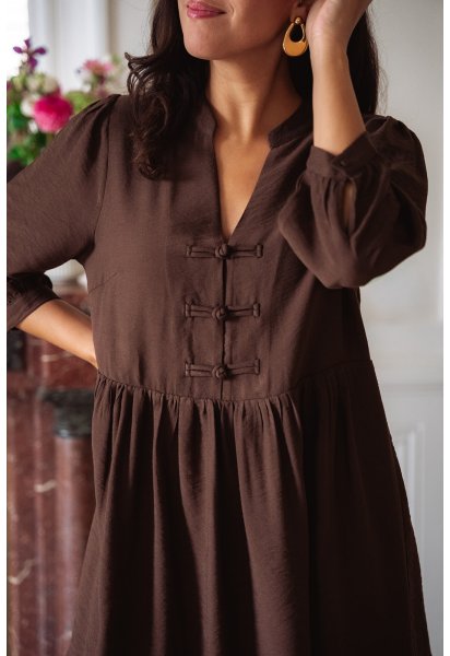 Robe Alba choco - Robe courte marron manches trois-quarts col V brandebourg doublée - Douze Juin