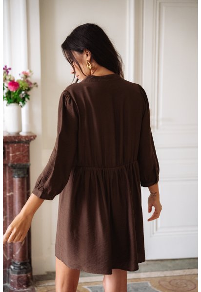 Robe Alba choco - Robe courte marron manches trois-quarts col V brandebourg doublée - Douze Juin