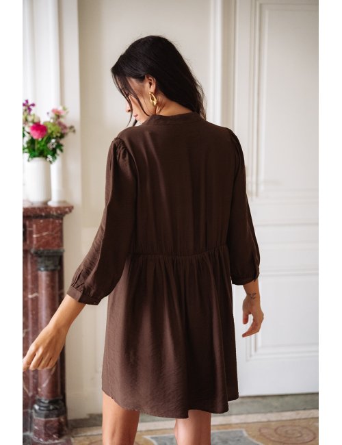 Robe Alba choco - Robe courte marron manches trois-quarts col V brandebourg doublée - Douze Juin