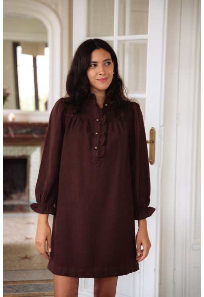 Robe Agathe bordeaux - Robe courte bordeaux manches longues col volant coupe ample - Douze Juin