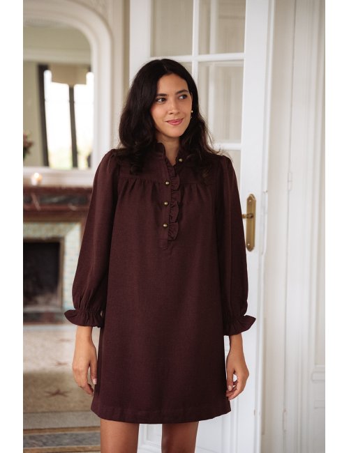 Robe Agathe bordeaux - Robe courte bordeaux manches longues col volant coupe ample - Douze Juin