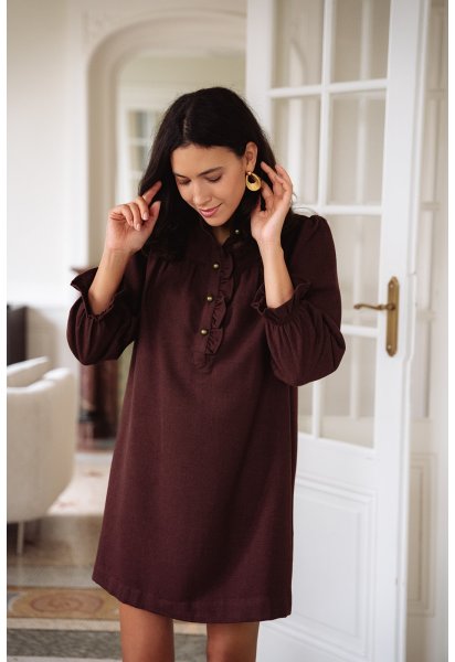 Robe Agathe bordeaux - Robe courte bordeaux manches longues col volant coupe ample - Douze Juin