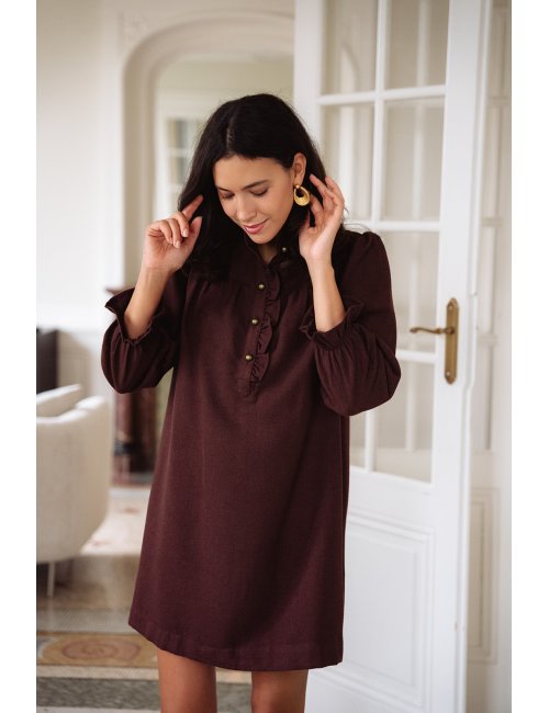 Robe Agathe bordeaux - Robe courte bordeaux manches longues col volant coupe ample - Douze Juin