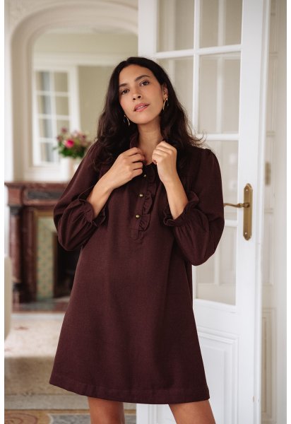 Robe Agathe bordeaux - Robe courte bordeaux manches longues col volant coupe ample - Douze Juin