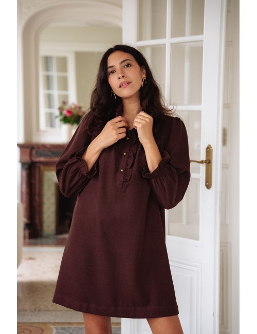Robe Agathe bordeaux - Robe courte bordeaux manches longues col volant coupe ample - Douze Juin