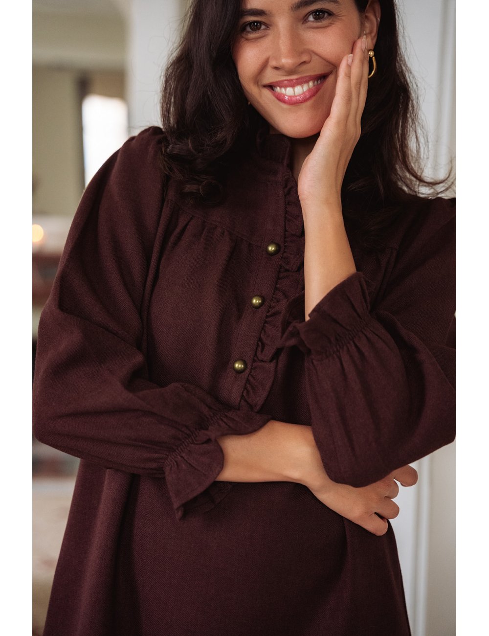 Robe Agathe bordeaux - Robe courte bordeaux manches longues col volant coupe ample - Douze Juin
