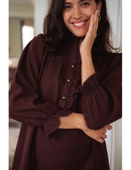 Robe Agathe bordeaux - Robe courte bordeaux manches longues col volant coupe ample - Douze Juin