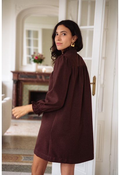 Robe Agathe bordeaux - Robe courte bordeaux manches longues col volant coupe ample - Douze Juin