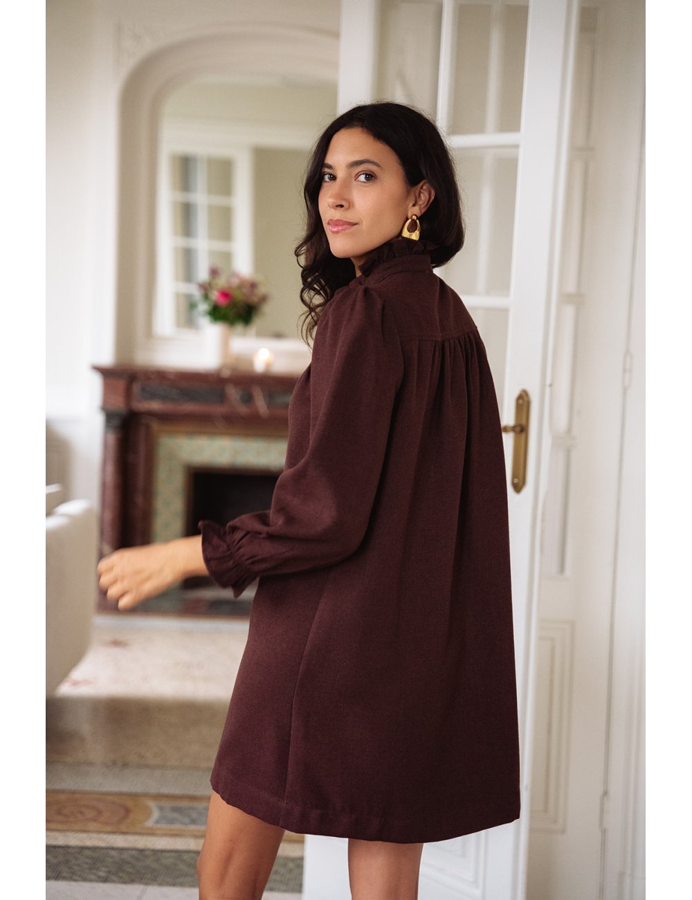 Robe Agathe bordeaux - Robe courte bordeaux manches longues col volant coupe ample - Douze Juin