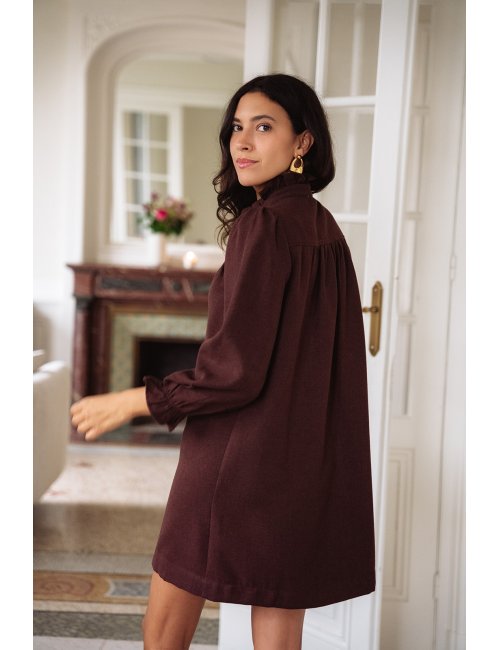 Robe Agathe bordeaux - Robe courte bordeaux manches longues col volant coupe ample - Douze Juin