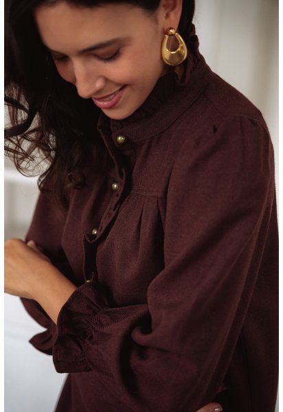 Robe Agathe bordeaux - Robe courte bordeaux manches longues col volant coupe ample - Douze Juin