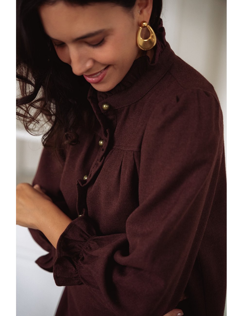 Robe Agathe bordeaux - Robe courte bordeaux manches longues col volant coupe ample - Douze Juin