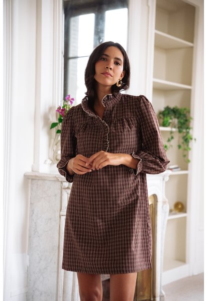 Robe Ambre choco - Robe courte carreaux marrons manches longues col volant - Douze Juin