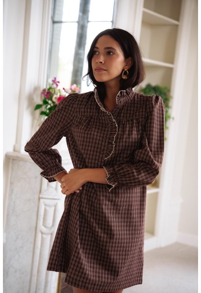 Robe Ambre choco - Robe courte carreaux marrons manches longues col volant - Douze Juin