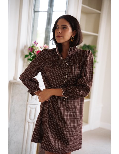 Robe Ambre choco - Robe courte carreaux marrons manches longues col volant - Douze Juin