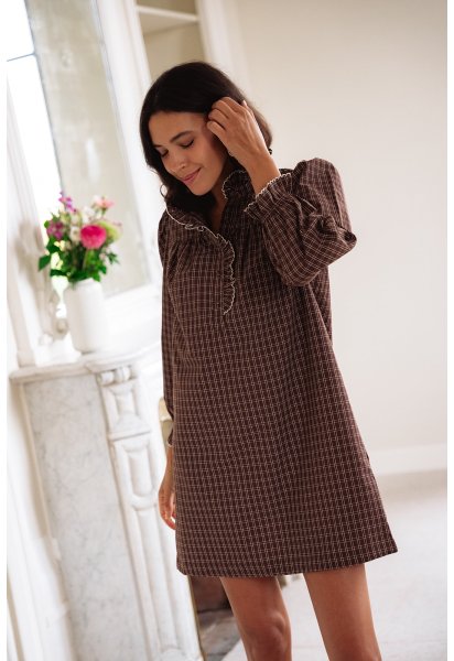 Robe Ambre choco - Robe courte carreaux marrons manches longues col volant - Douze Juin