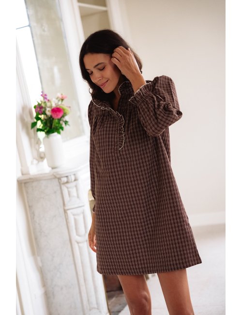 Robe Ambre choco - Robe courte carreaux marrons manches longues col volant - Douze Juin