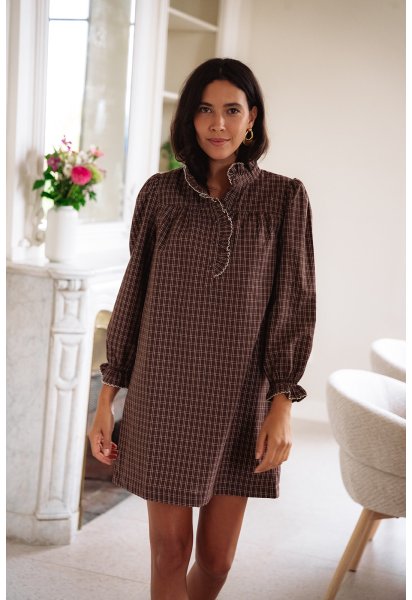 Robe Ambre choco - Robe courte carreaux marrons manches longues col volant - Douze Juin