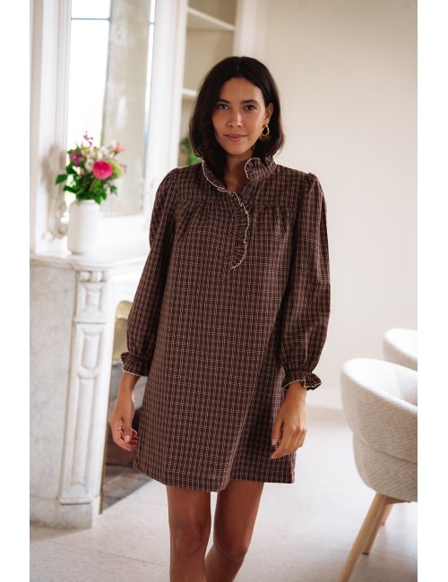 Robe Ambre choco - Robe courte carreaux marrons manches longues col volant - Douze Juin